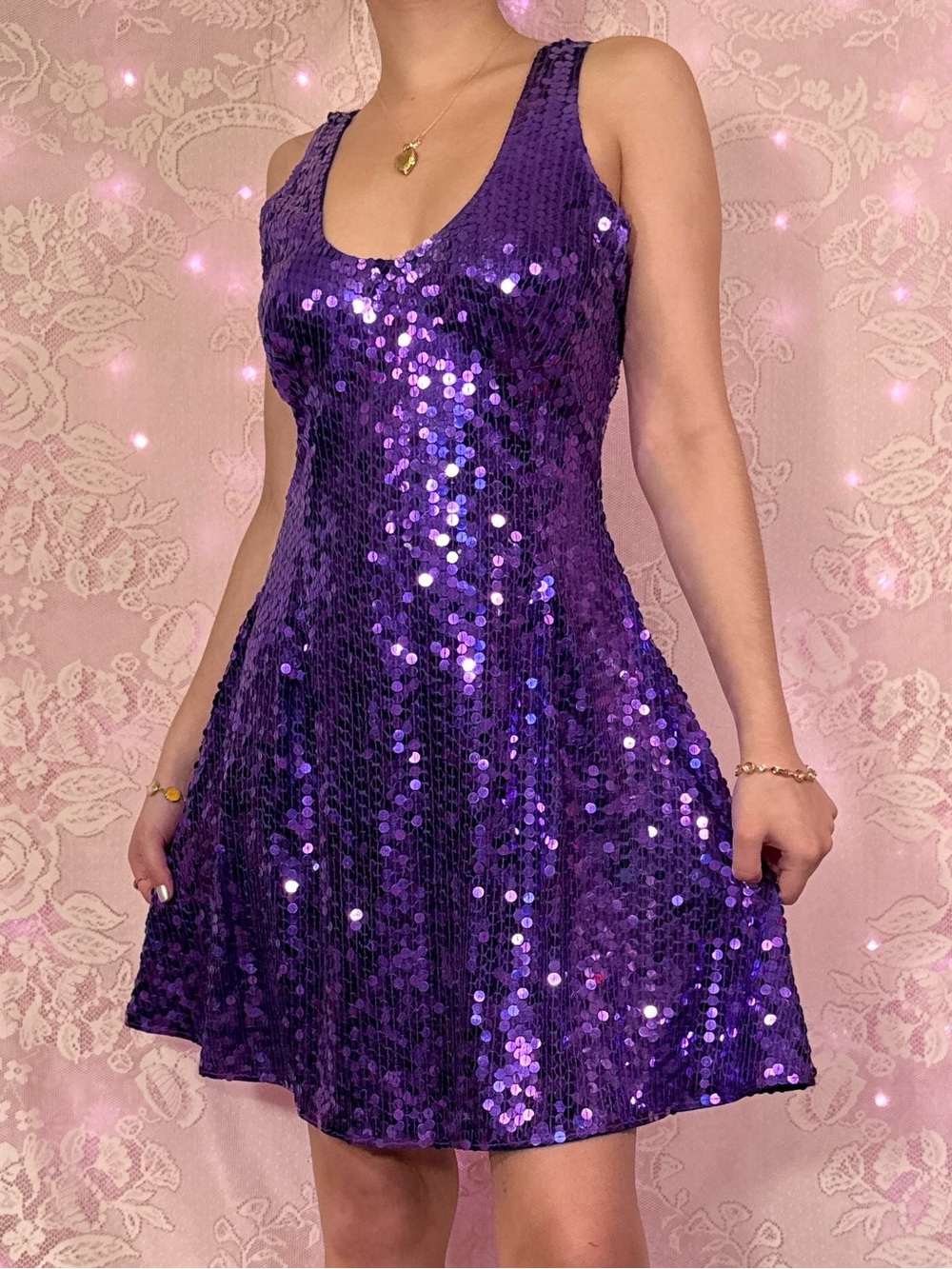 Vintage 80s 90s Nite Line Purple Sparkly Sequin Party Mini Dress